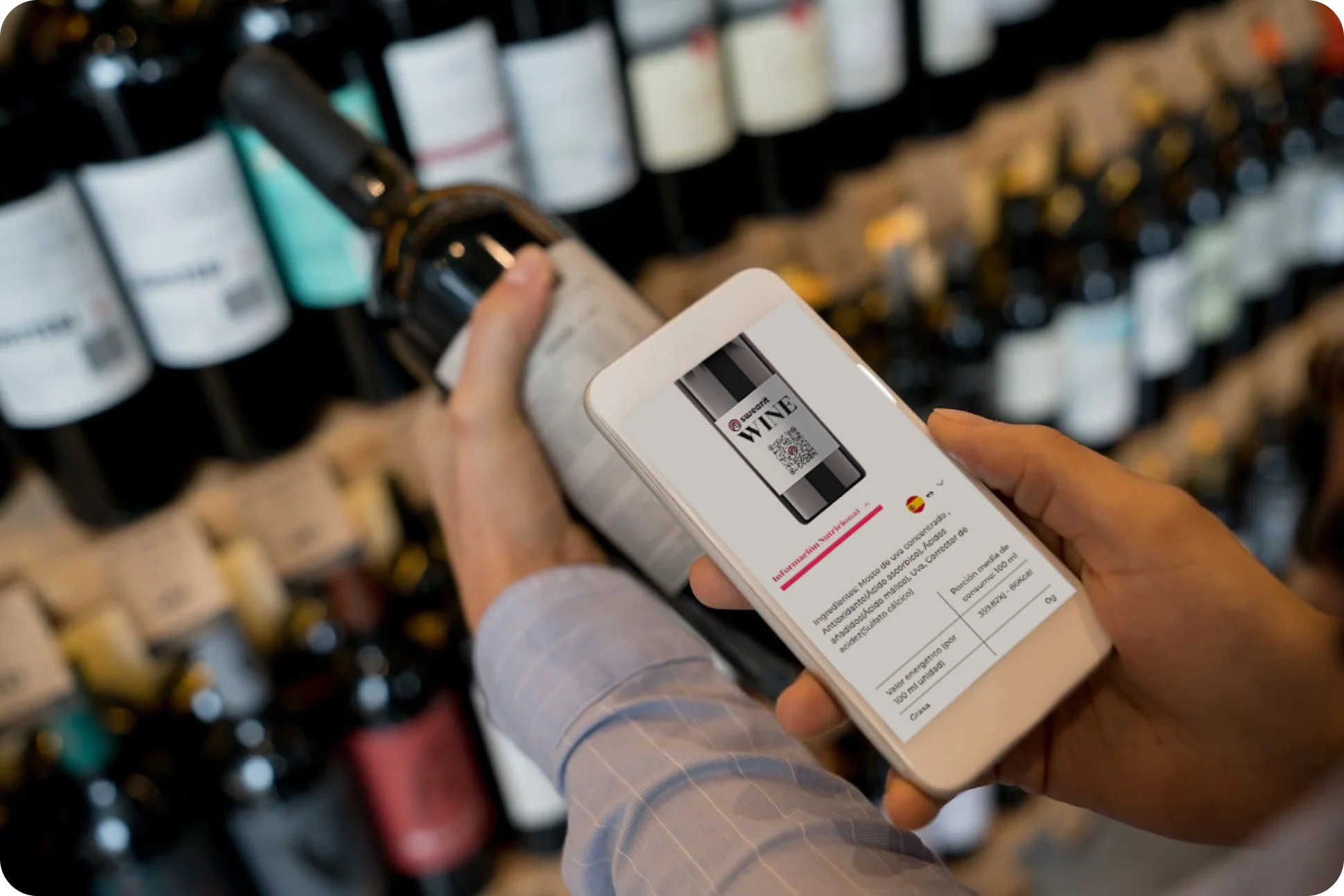 User scanning wine bottle EU compliant QR code